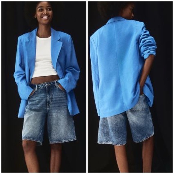 H&M Linen Blend Blazer Jacket Womens Medium Single Button Blue Sz XXL NWT - Picture 1 of 10